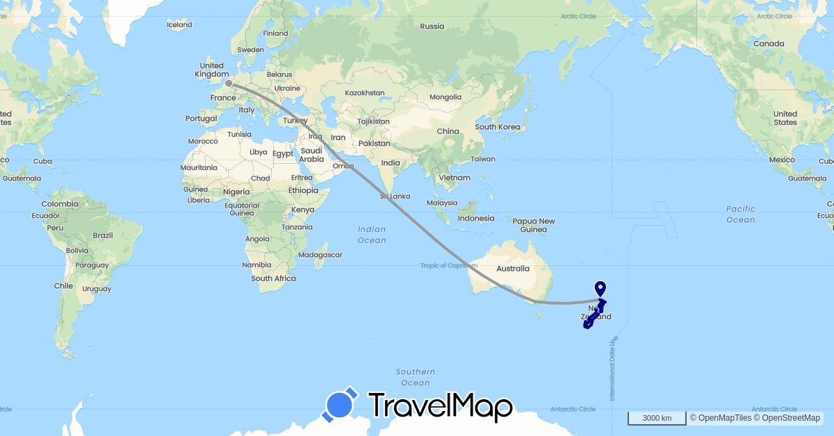 TravelMap itinerary: driving, bus, plane, boat in United Arab Emirates, Australia, Belgium, New Zealand (Asia, Europe, Oceania)